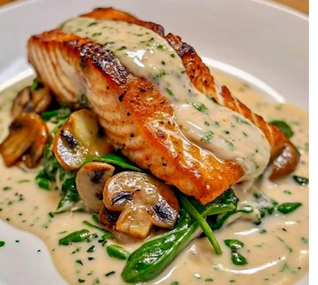 Salmon with creamy mushroom and spinach