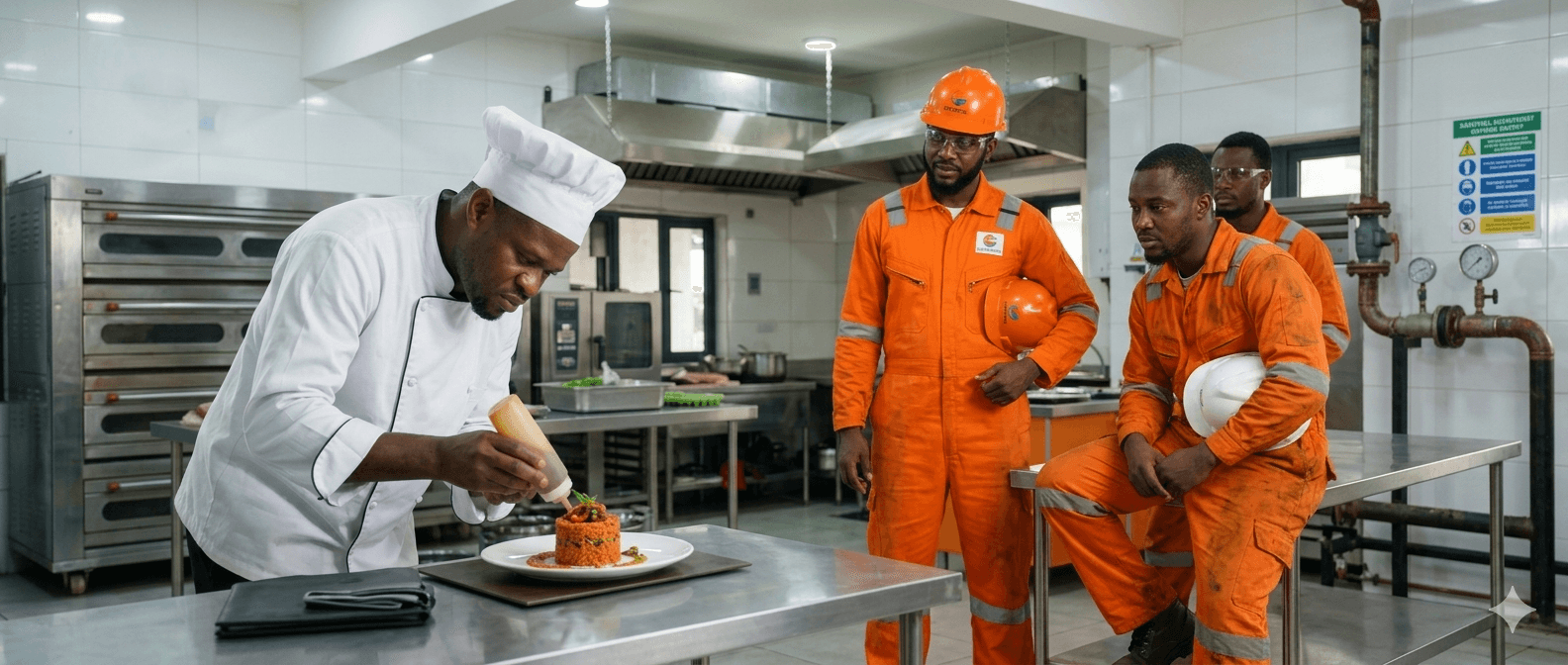 Ménage chef plating for industrial crew in coveralls